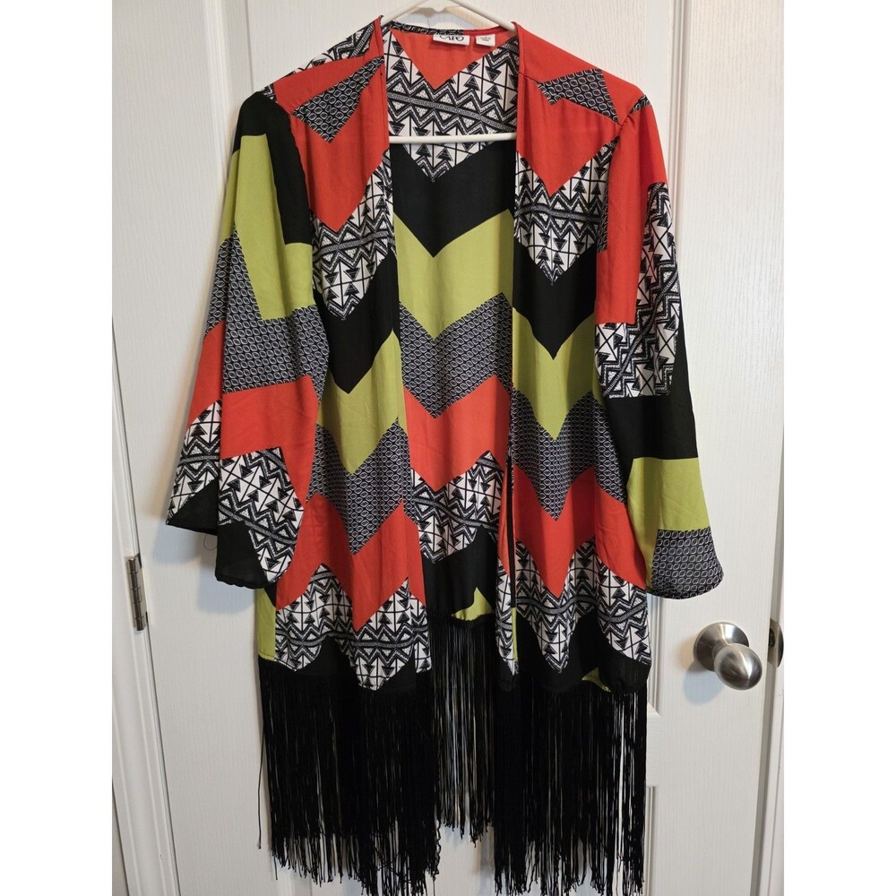 Cato Fashions Geometric Fringe Kimono, Bohemian sz Large (245)